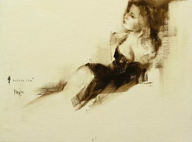 expressive brush strokes oil painting with raw umbre on linen of woman in a dress by singapore artist kelvin lim