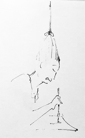 ink drawing on paper of singapore artist kelvin lim with string tied to hair while working to prevent him from dosing off